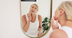 Toothache, mirror and mature woman in bathroom with pain for gum disease, dentures and inflammation. Morning, home and person with cavity, dental crisis and hurt for oral care, bacteria or health