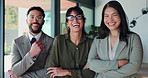 About us, face and laughing with business people in office together for comedy, humor or welcome. Arms crossed, corporate and funny with employee group at work for friendly introduction to company