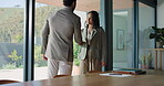 Handshake, greeting and business people in office for meeting, b2b collaboration and negotiation. Shaking hands, happy woman and man in workplace for investment, partnership and contract agreement.