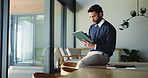 Scroll, business and man in office with tech for planning, problem solving and finance report. Reading, financial planner and person in workplace with tablet for solution, feedback and budget review.