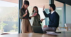 Man, high five and team at office meeting with celebration, laptop and applause for success at company. Business people, women and clapping hands with motivation, collaboration and happy at agency