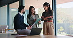 Business, people and meeting with tablet in office for discussion, team planning and review article. Staff, talking and document with laptop for research, reading manuscript and publication feedback