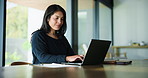 Laptop, business woman and typing in workplace for event planning, budget proposal or guest list. Computer, organizer and smile in office for reading email, research paper and coordination online