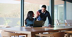 Office, employees and people with laptop, high five and excited for real estate listing and success. Realtor, collaboration and property sale on website, achievement and colleagues with good news