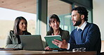 People, talking and meeting with tablet in office for discussion, team planning and review article. Staff, meeting and laptop with digital for research, reading newsletter and feedback on publication