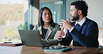 Business people, discussion and laptop with proposal in office for company improvement. Businessman, woman or conversation with computer, steps or ideas for team research and development in workplace