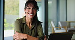 Face, mature woman or laugh with laptop in office, develop campaign or promote sustainability. Environmental coordinator, smile and plan with pc for educational workshop, community outreach or change