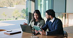 Business people, meeting and planning with laptop in office, insurance proposal and idea. Tablet, computer and happy team with discussion for project, claims briefing and explain workplace policy