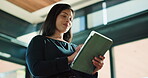 Creative, woman and reading with tablet in office for research, proofreading and editor feedback. Below, female person and digital for editing article, draft update and schedule for publication post