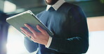 Hands, business and man with tablet in office for research, proofreading article and update draft. Below, journalist and digital for editor feedback, review newsletter and information for publication