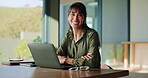 Face, businesswoman or smile with laptop in office, develop campaign or promote sustainability. Mature environmental coordinator, typing and pc with educational workshop, community outreach or change
