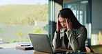 Woman, lawyer and headache with laptop at office for stress, frustrated and advisory services on web. Person, attorney or legal consultant with computer, migraine and burnout at corporate law firm