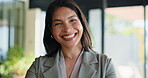 Woman, face and realtor with happy for business, company about us and confidence for career. Estate agent, smile or portrait at agency firm for representative, friendly service or property management