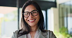 Business woman, face and smile in law office with pride, legal expert or happy corporate lawyer. Glasses, professional and advisor at workplace for attorney job, governance and confident in mission