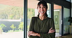 Laugh, real estate and face of woman with confidence, pride and ambition for housing agency. Professional, realtor and portrait of person in home for property management, consultant or about us
