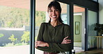 Woman, face and realtor with confidence for business, about us and happy for career. Estate agent, arms crossed or laugh at agency for mature representative, friendly service or property management