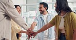Business people, hands together and applause in promotion, announcement or success in office. Group of excited employees, clapping and celebration for partnership, prize or workplace funding approval
