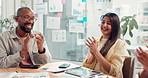 Applause, startup and happy business people in meeting with documents, finance goals and company growth. Creative, fist bump and workers celebrate for project funding, success and financial milestone