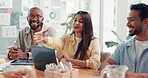 Happy people, partnership and handshake in office with laptop, collaboration and success for good news. Man, women and colleagues in company with tech, celebration and communication for business deal