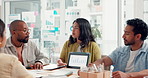 Tablet screen, meeting and planning with business woman for speaker, fundraising growth or grant charts. Online report, donor presentation and nonprofit analyst with people in ngo agency for feedback