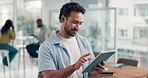 Man, tablet and idea in office with inspiration, email response and problem solving for business. Creative, coworking space and smile in agency with decision, brainstorming solution and feedback