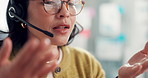 Business woman, agent and mouth with headset for communication or online advice in office. Female person, consultant or employee talking with mic for virtual assistance, help or customer service