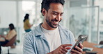 Man, phone and smile in office with inspiration, email response and problem solving for business. Creative, coworking space and idea in event agency with decision, brainstorming solution and feedback