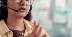 Business woman, consultant and mouth with headset for communication or online advice in office. Female person, agent or employee talking with mic for virtual assistance, help or customer service
