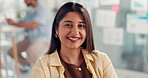 Smile, face and business woman in office for branding advisor, about us and confidence. Campaign specialist, professional and creative startup with portrait of person in ,media agency for pride