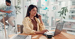 Phone call, laptop and businesswoman in office with communication or contact for finance deal. Cellphone, computer and female financial advisor on mobile discussion for investment negotiation.