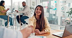 Business woman, meeting and documents with handshake for introduction, hiring or partnership. Female person, employees or colleagues shaking hands with smile for recruiting, b2b or deal in workplace