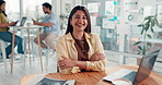 Face, creative and happy businesswoman in office with engagement metrics, confidence and laptop. Computer, social media manager and portrait with platform traffic analysis, coworking and arms crossed