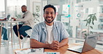 Face, creative and happy businessman in office with engagement metrics, laugh and laptop. Computer, social media manager and portrait in startup for platform traffic analysis, coworking and funny