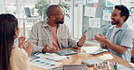 Excited business people, applause and meeting for promotion, announcement or success in office. Group of employees, clapping hands and celebration for partnership, prize or workplace funding approval