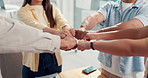 Business people, hands and fist bump together for collaboration, announcement or success in office. Group of employees, community and team for partnership, support meeting or funding approval