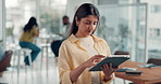 Woman, tablet and thinking in office with scroll, email response or problem solving for business. Creative, coworking space and idea in event agency with decision, brainstorming solution and feedback