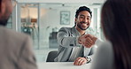 Business man, smile and handshake for welcome, greeting and talking in office meeting. Team, happy consultant and shaking hands for introduction, collaboration deal and b2b negotiation in workplace