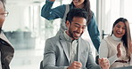 Business people, celebration and applause with laptop for promotion, announcement or negotiation success at office. Group of employees, clapping and winner for partnership, prize or contract goal