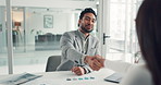 Businessman, meeting or documents with handshake for interview, introduction or hiring in office. Man, employee or colleagues shaking hands with smile for recruiting, deal or agreement in workplace
