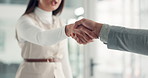 Meeting, shaking hands and businesswoman in office for partnership, agreement or finance deal. Corporate, handshake and female financial manager with client for investment negotiation in workplace.