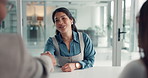 Handshake, discussion and woman with business people in office for welcome, consulting and collaboration. Corporate, meeting and workers shaking hands for agreement, b2b negotiation and thank you