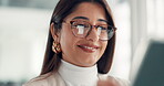 Business woman, glasses reflection or tablet in office for web development, UI design or app testing. Digital designer, person and happy with tech screen for usability assessment and user experience