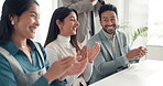 Business people, winner and applause with audience for promotion, announcement or negotiation success at office. Group of employees, clapping and celebration for partnership, prize or contract goal