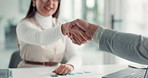 Discussion, handshake and businesswoman in office for deal, agreement or finance partnership. Corporate, shaking hands and female financial manager with client for investment negotiation in workplace
