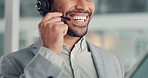 Happy, telemarketer and man with headset, mouth and communication with contact for sales and service. Call center, agent and person with tablet for order process, lead generation and telemarketing