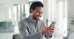 Phone, networking and businessman in office for typing email with communication on mobile app. Technology, contact and professional corporate employee with cellphone for social media in workplace.