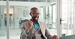 Celebration, fist pump and man with laptop, office and excited for funding opportunity and good news. Reading, email and happy for business growth with investment, success and black person with tech