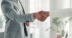 Business people, meeting and handshake with introduction for agreement, b2b or deal in office. Employees, colleagues or shaking hands with greeting for partnership, teamwork or hiring in workplace