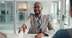 Handshake, consultant and man with business people in office for welcome, partnership and onboarding. Corporate, professional and workers shaking hands for agreement, b2b negotiation and opportunity