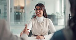 Handshake, consultant and woman with business people in meeting for welcome, partnership and collaboration. Corporate, office and workers shaking hands for agreement, b2b negotiation and thank you